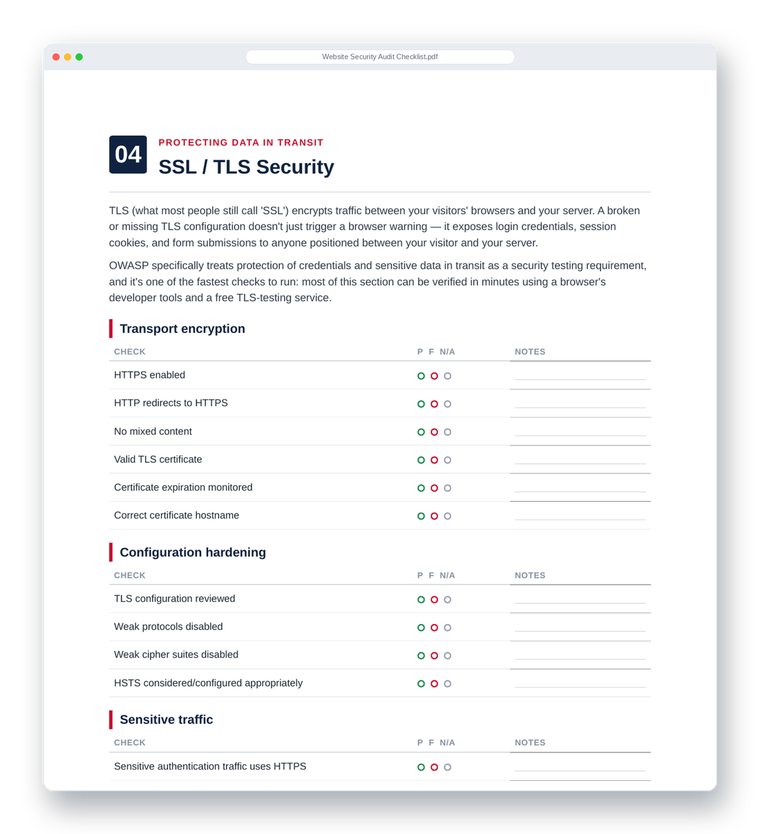A page from the Website Security Audit Checklist showing color-coded Pass/Fail security checks