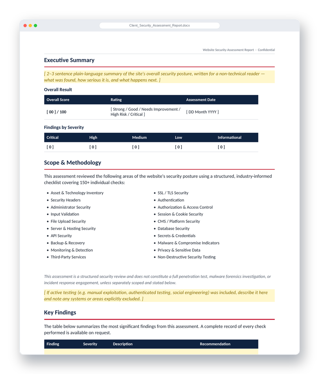 Client Security Assessment Report template showing an executive summary and findings table