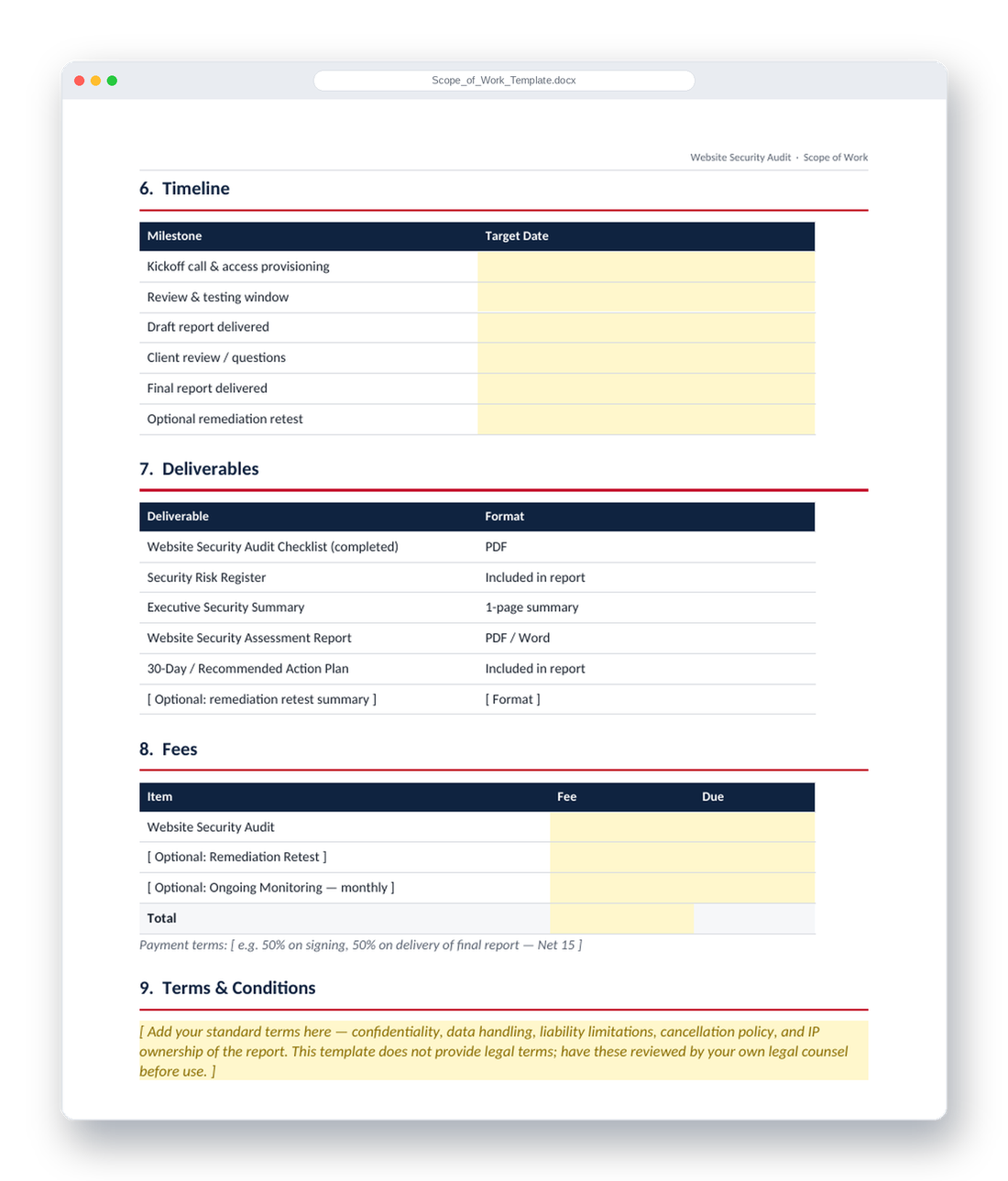 Scope of Work template showing a deliverables and fees table